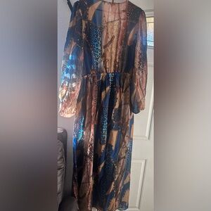 Fashion Nova Blue and Gold Bishop Sleeve Sundress
